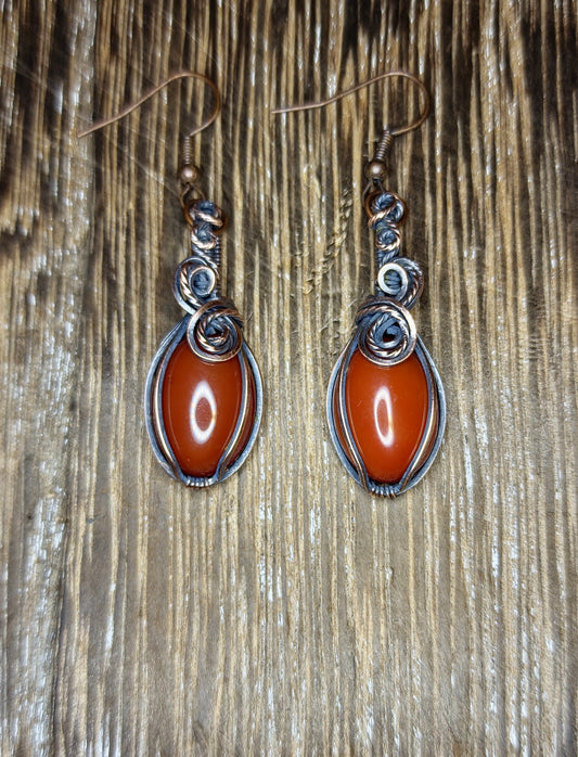 Carnelian and Antiqued Copper Drop Earrings, Wire Wrapped Earrings, Gemstone Drop Earrings