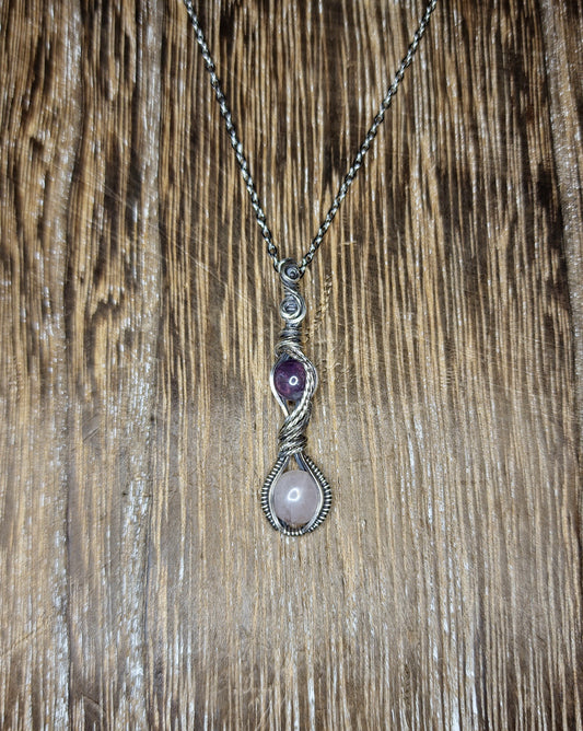 Rose Quartz and Amethyst Double Stone Pendant in Sterling Silver Wire