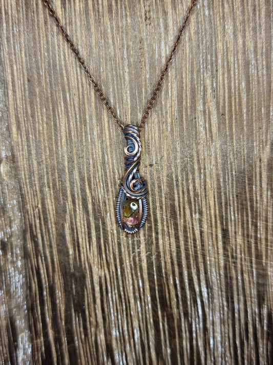 Pink and Green Bicolor Tourmaline in Antiqued Copper Wire, Tourmaline Pendant