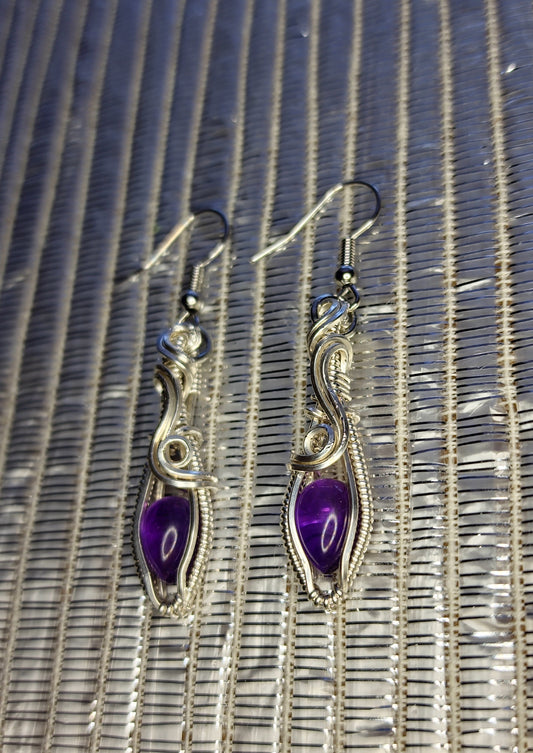 Wire Warpped Amethyst Earrings in Sterling Silver Wire