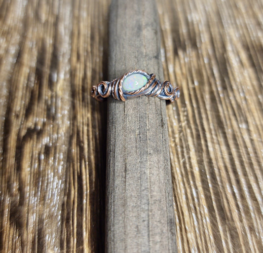 Ethiopian Welo Opal Ring In Antiqued Copper Wire, Size 7