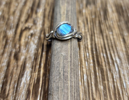 Labradorite Ring In Antiqued Silver Size 5, Wire Wrapped Faceted Labradorite In Silver